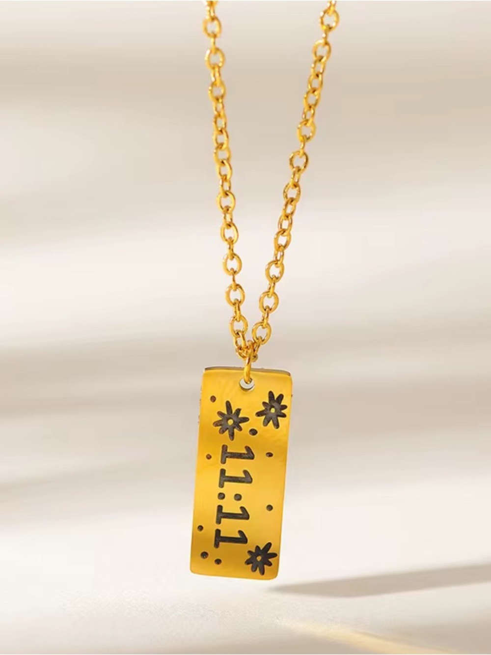 Gold Rectangular Pendant Necklace 11:11 with Floral Accents